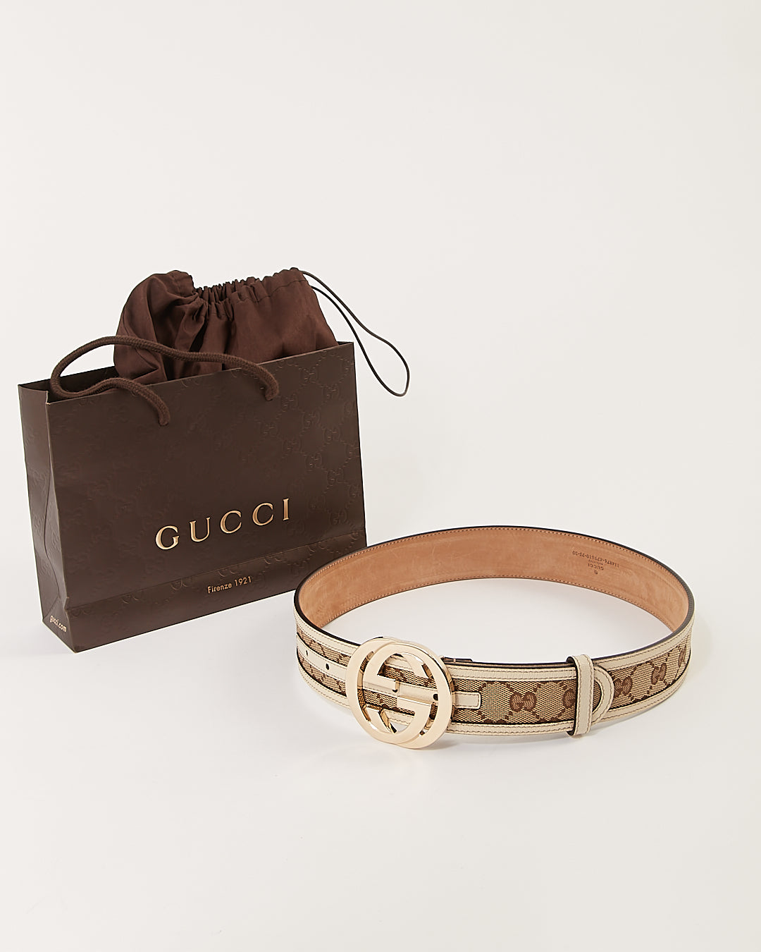 Gucci Beige GG Interlocking Canvas & Leather Belt - 30