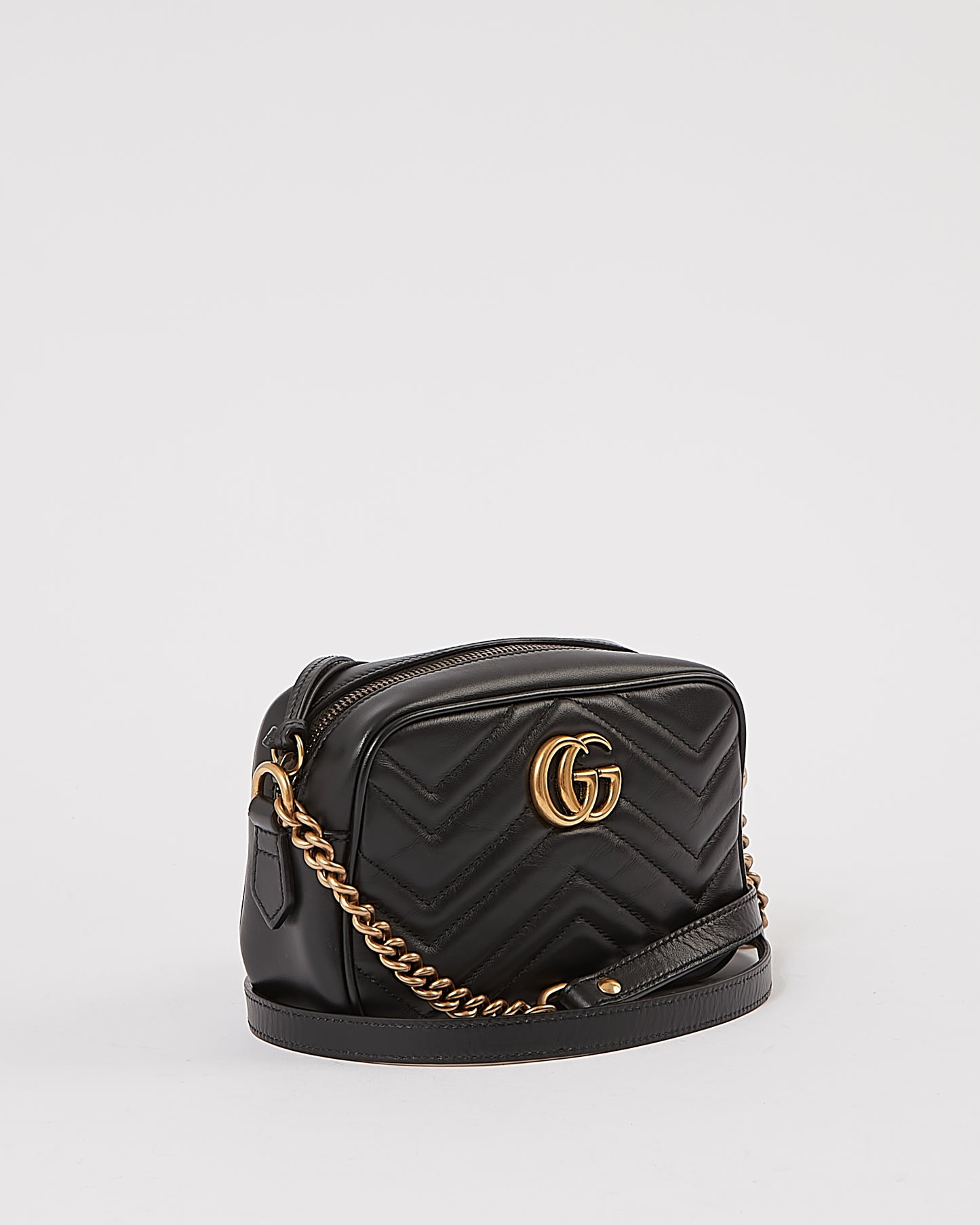 Gucci Black Leather Chevron Matelasse GG Marmont Camera Mini Bag