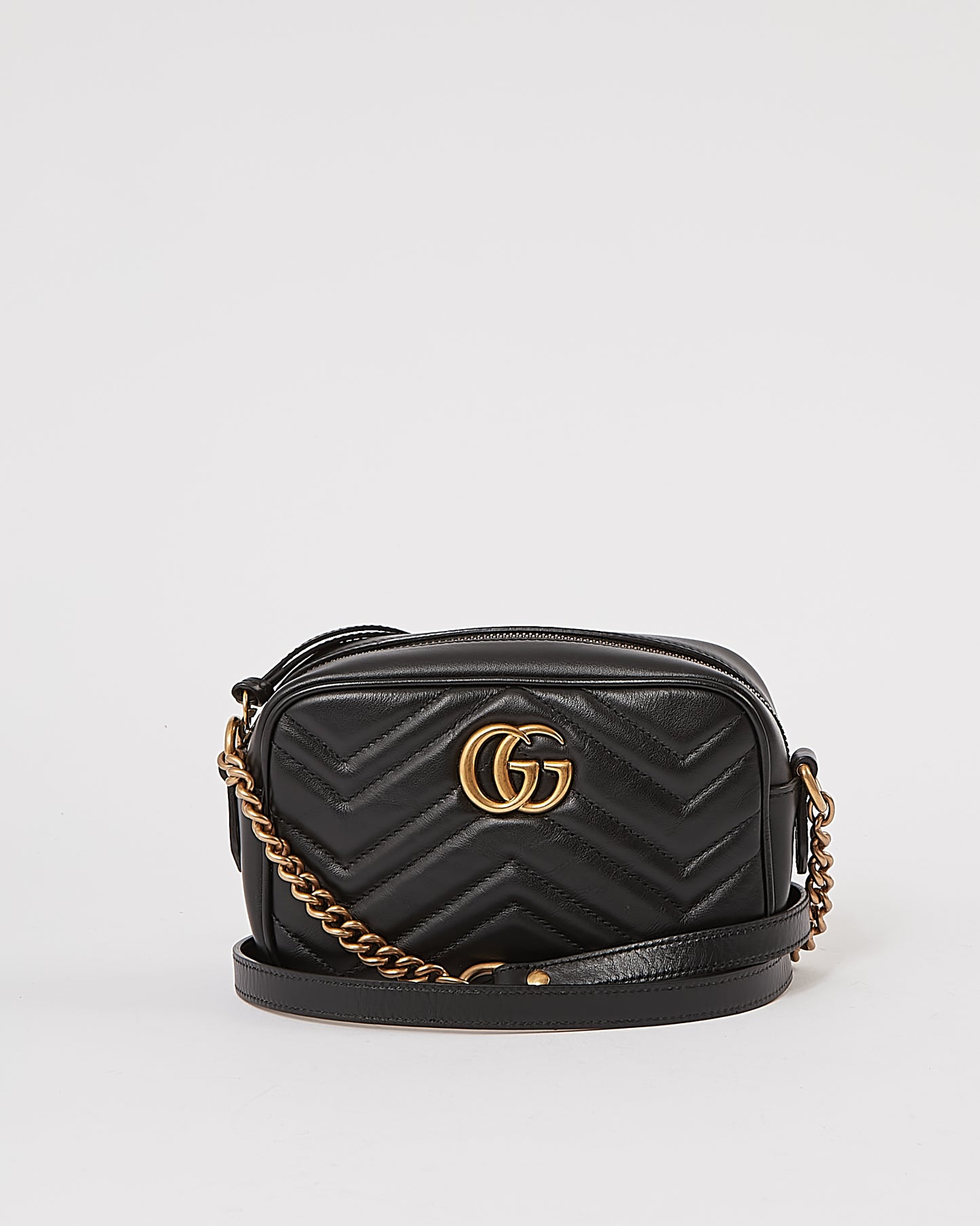Gucci Black Leather Chevron Matelasse GG Marmont Camera Mini Bag