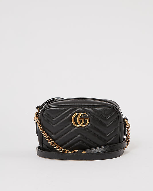 Gucci Black Leather Chevron Matelasse GG Marmont Camera Mini Bag