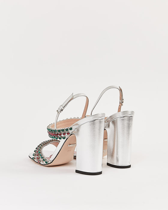 Gucci Silver Metallic Crystal Web Accent Strappy Sandal - 39.5