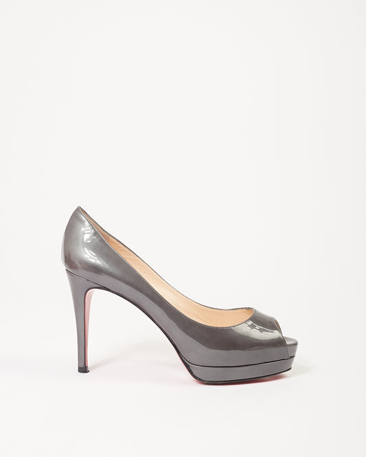Christian Louboutin Grey Patent Metallic Peep Toe Heels - 36.5