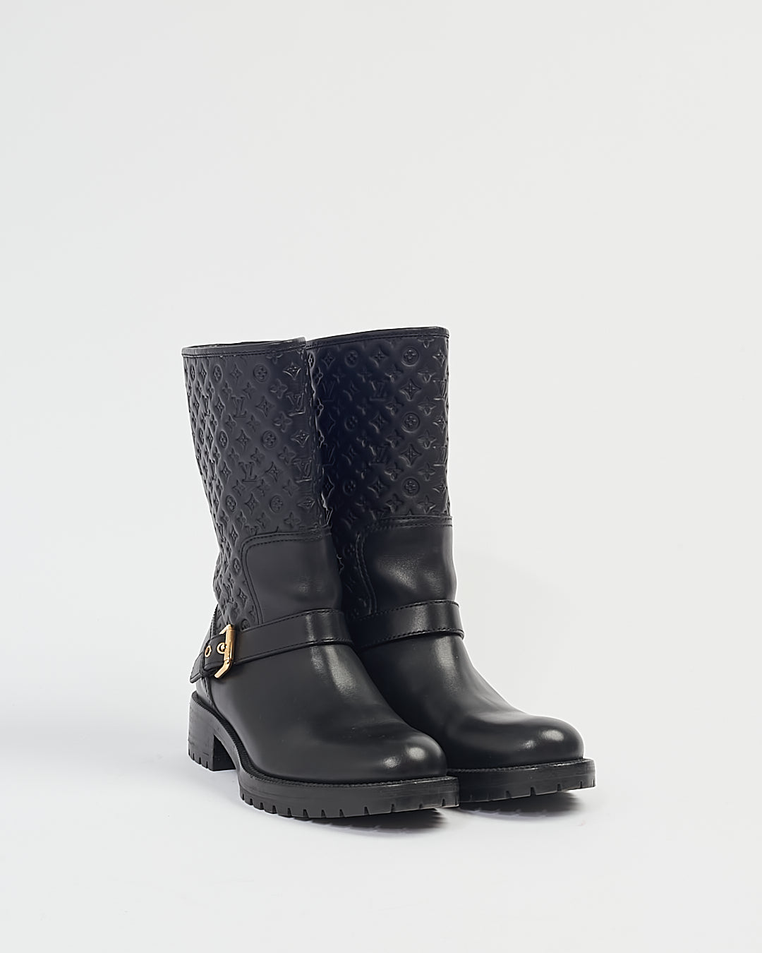 Louis Vuitton Black Smooth Leather Monogram Buckle Boots - 8