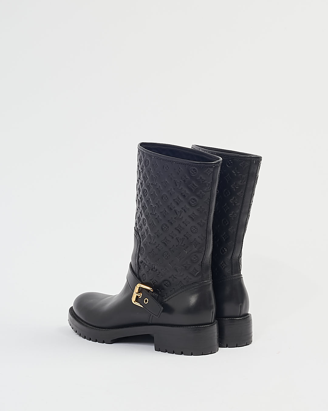 Louis Vuitton Black Smooth Leather Monogram Buckle Boots - 8