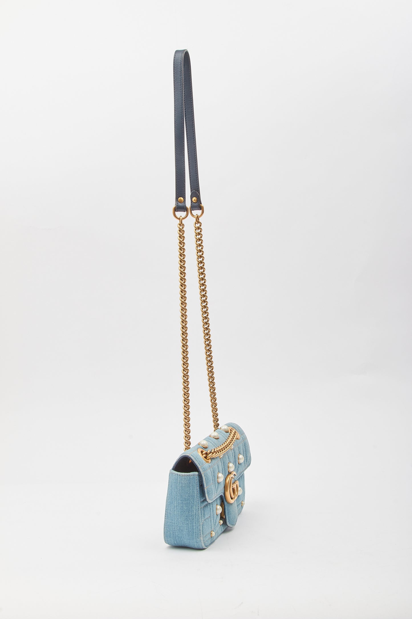 Gucci Blue Denim Matelasse Marmont GG Small Chain Bag