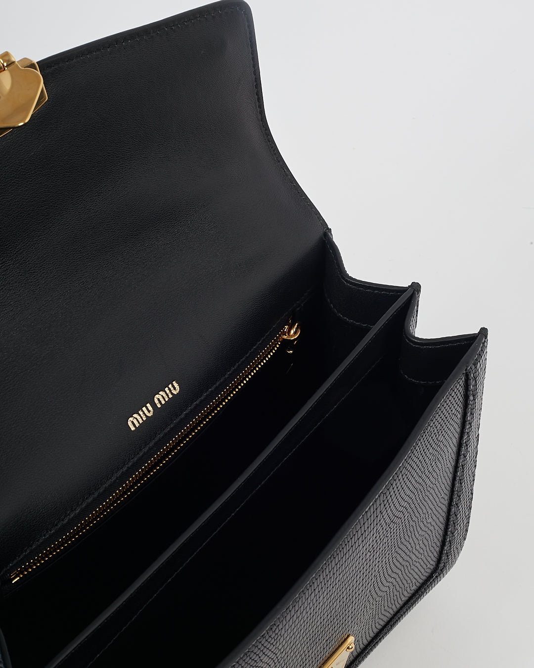 Miu Miu Black Embossed Lizard Leather Top Handle Padlock Bag