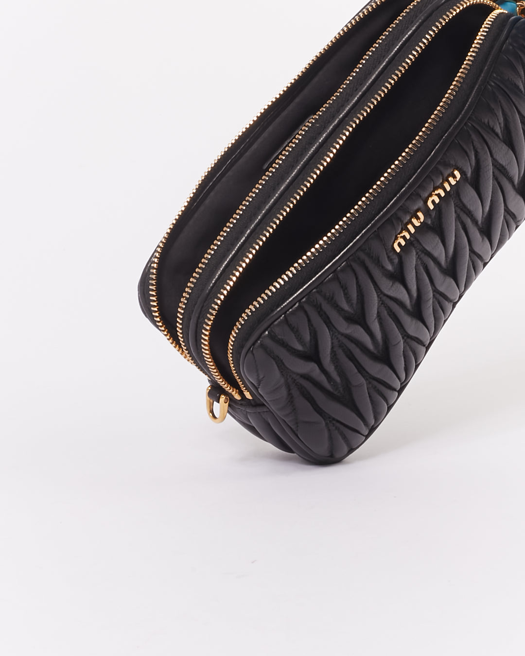 Miu Miu Black Matelasse Leather Mini Double Zip Crossbody Bag