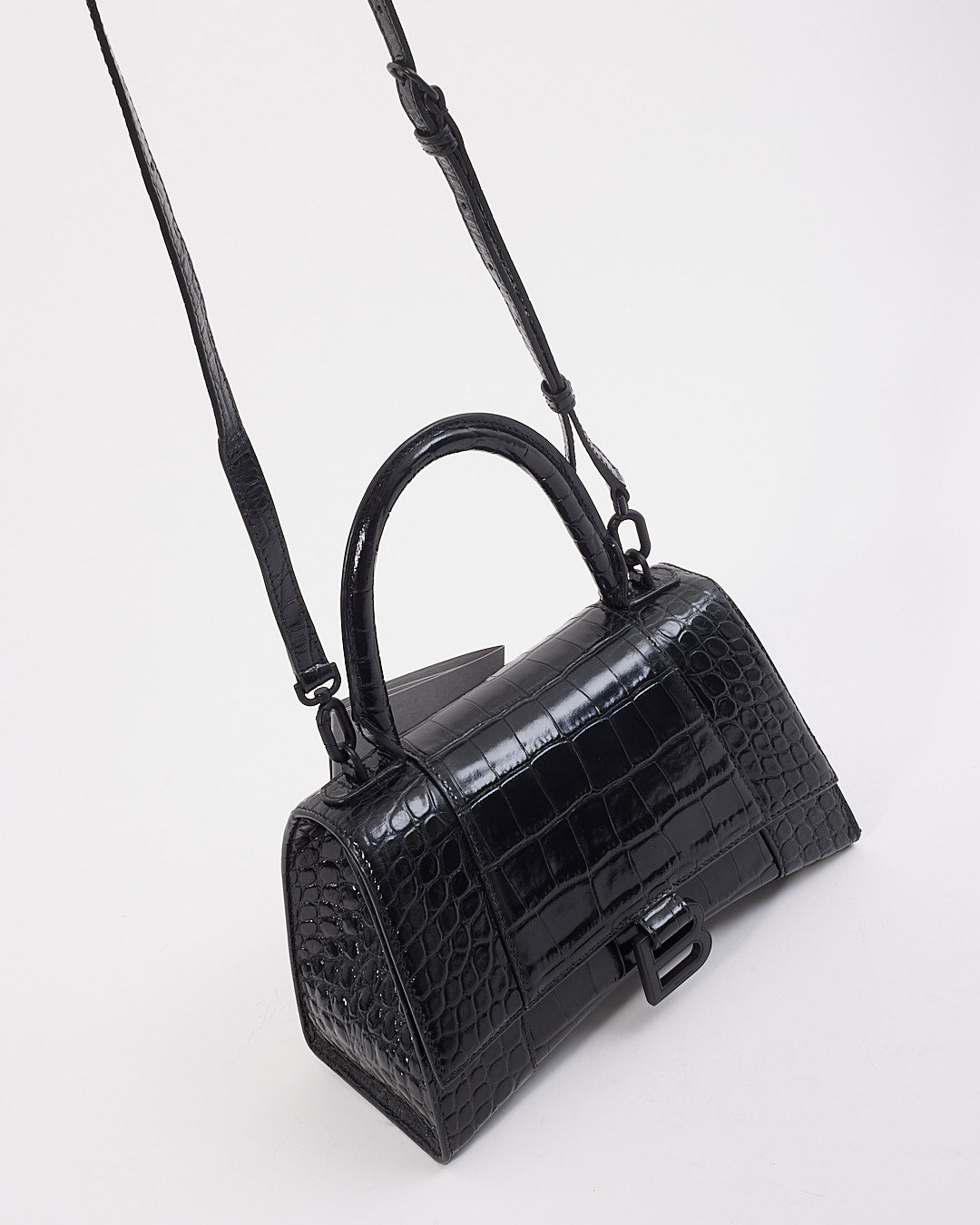 Balenciaga Petit sac sablier en cuir embossé croco noir sur noir
