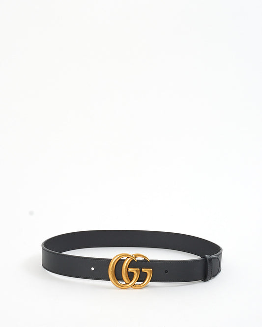 Gucci Black Leather Brushed Gold Double G Marmont Buckle Belt - 75/30