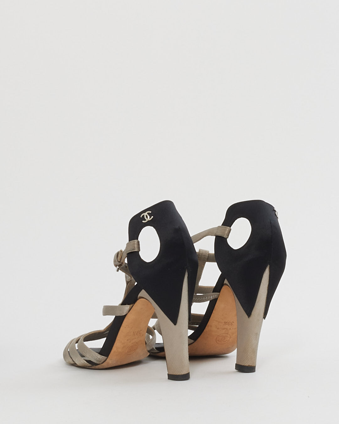 Chanel Black and Grey Satin Heel Sandals-38.5