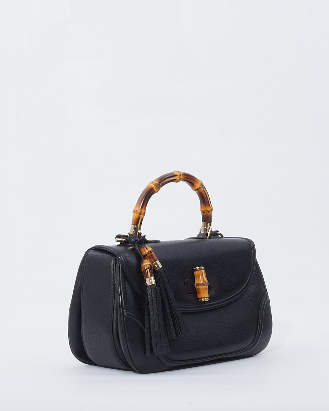 Gucci Grand sac à poignée supérieure en cuir noir avec pompon en bambou avec sangle