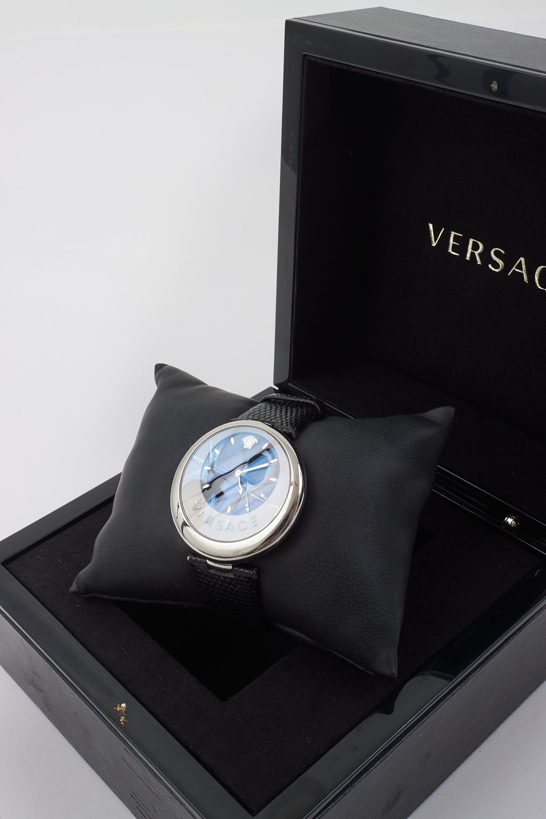 Versace Medusa Black Leather Strap Stainless Steel Watch