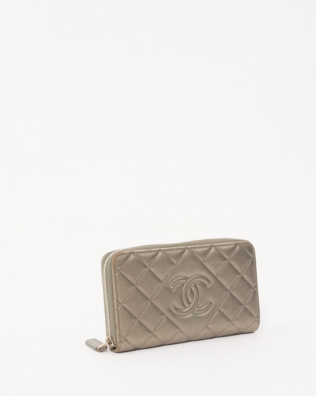 Chanel Silver Quilted Leather CC Zip Around Wallet