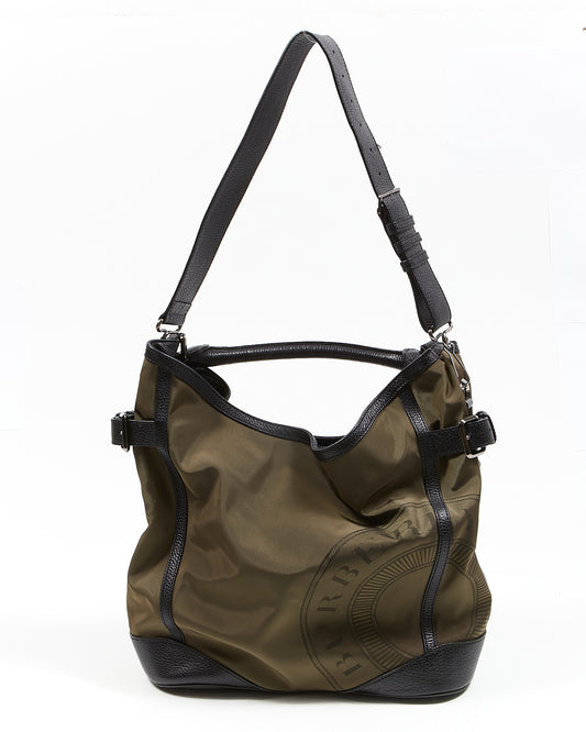 Burberry Khaki/Black Nylon & Leather Hobo Shoulder Bag