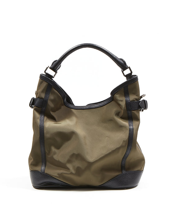 Burberry Khaki/Black Nylon & Leather Hobo Shoulder Bag