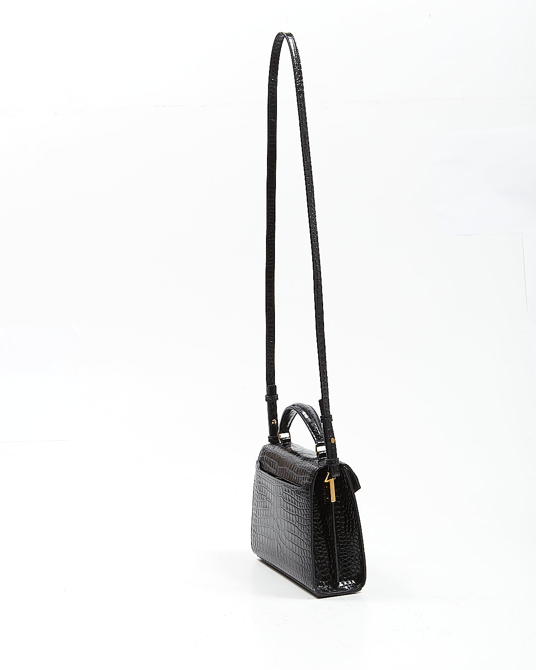 Saint Laurent Black Croc Embossed Cassandra Top Handle Bag