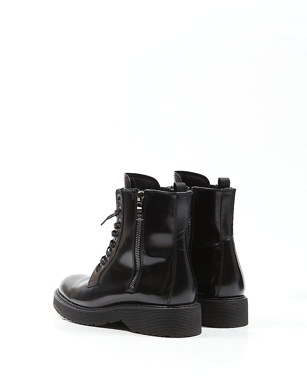 Prada Black Shiny Leather Combat Zip Lace Up Boots - 38.5