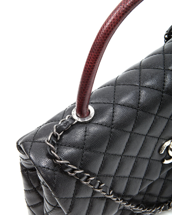 Chanel Black Caviar Quilted Lizard Handle Coco Top Handle Bag