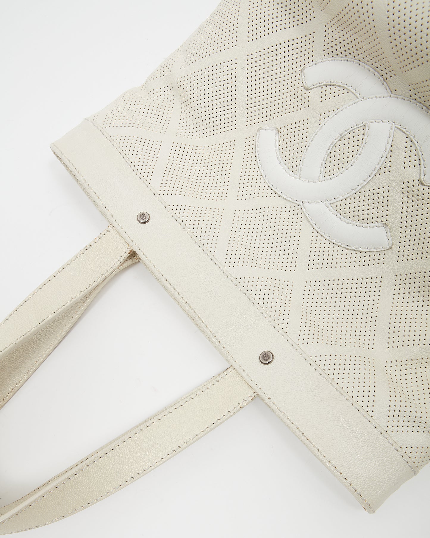 Chanel White Leather CC Perforated Tote Bag