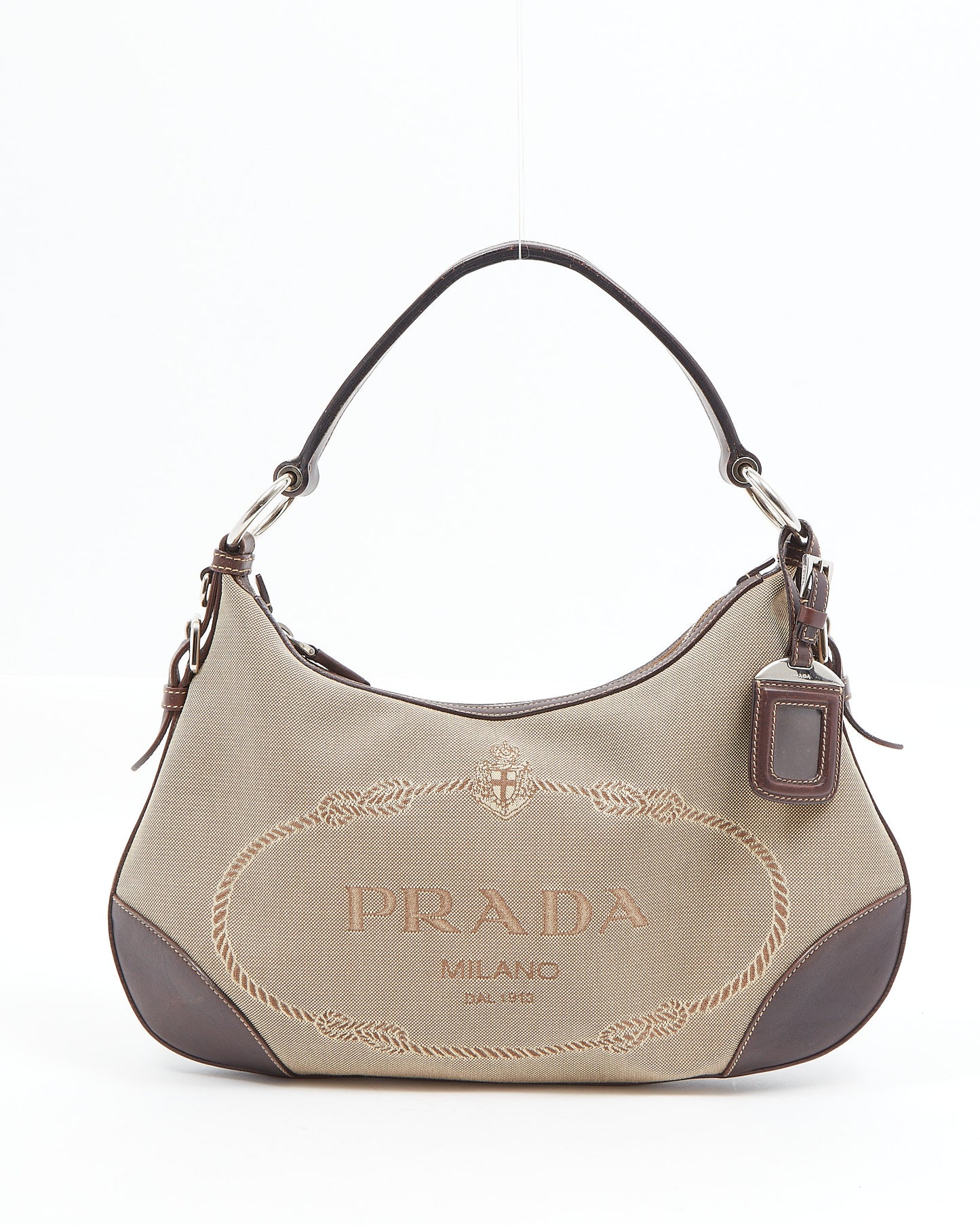 Prada Brown Leather and Beige Canvas Logo Canapa Shoulder Bag