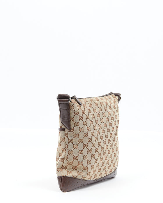 Gucci Brown GG Canvas Perforated Leather Flat Crossbody Bag