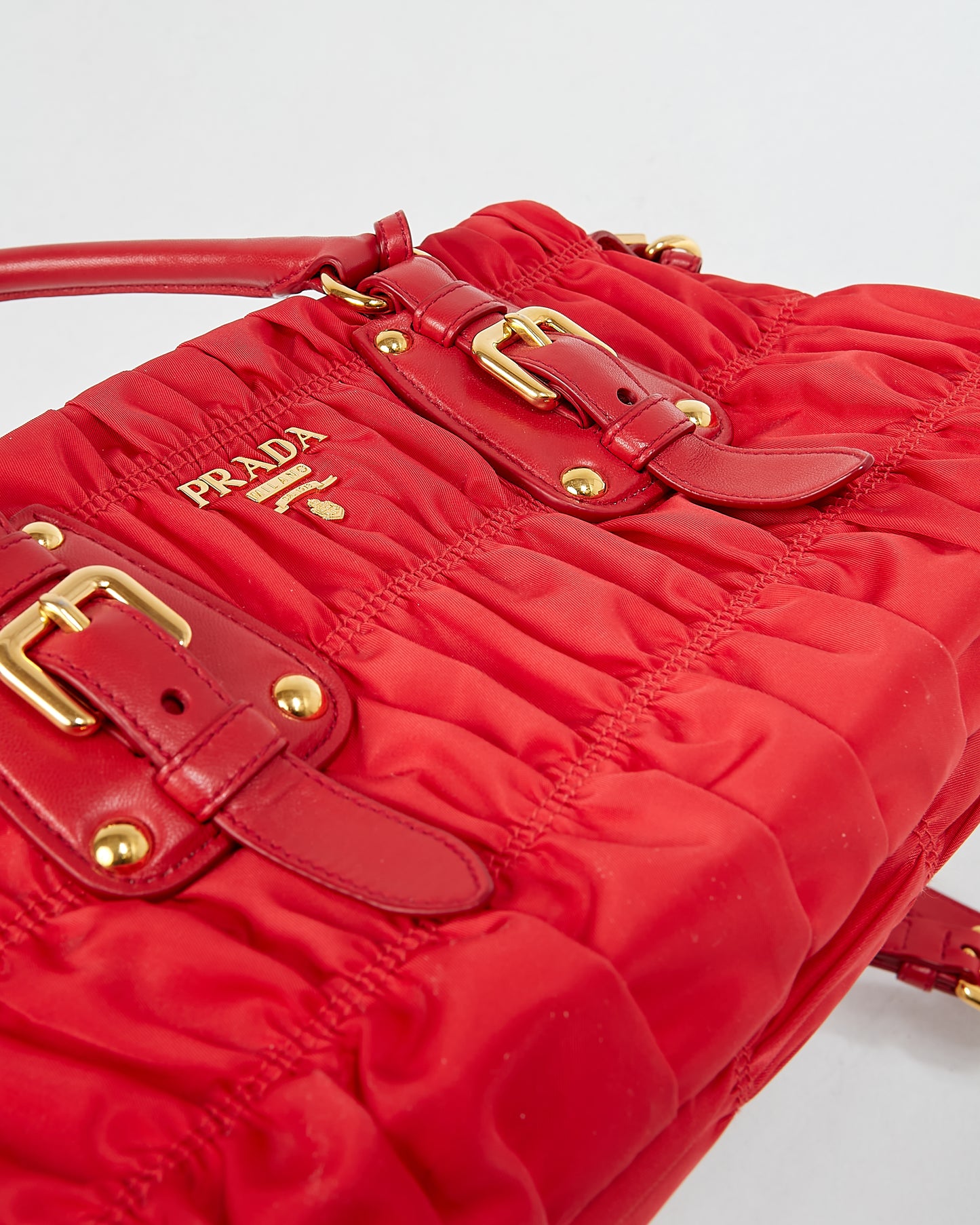 Prada Red Tessuto Nylon Gauffre Ruched Shoulder Bag