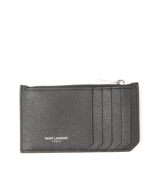 Saint Laurent Black Grained Leather Zip Card Holder