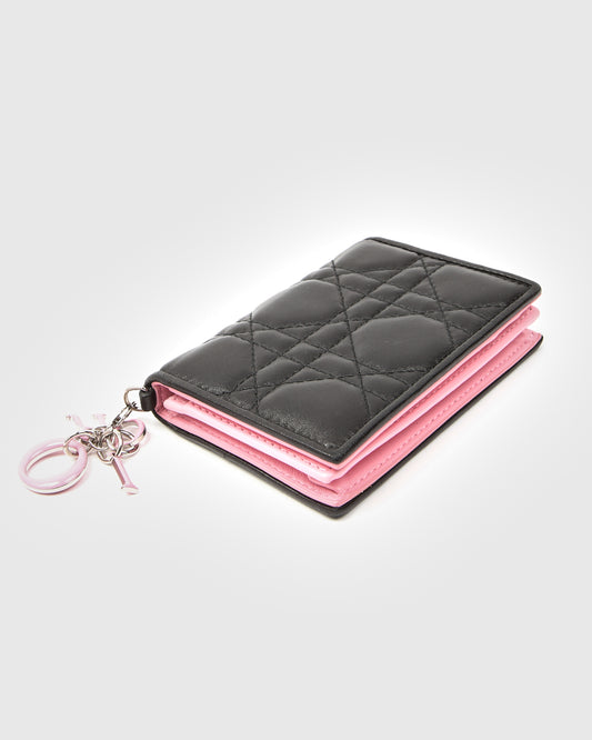 Mini portefeuille Cannage Lady Dior en cuir noir/rose Dior