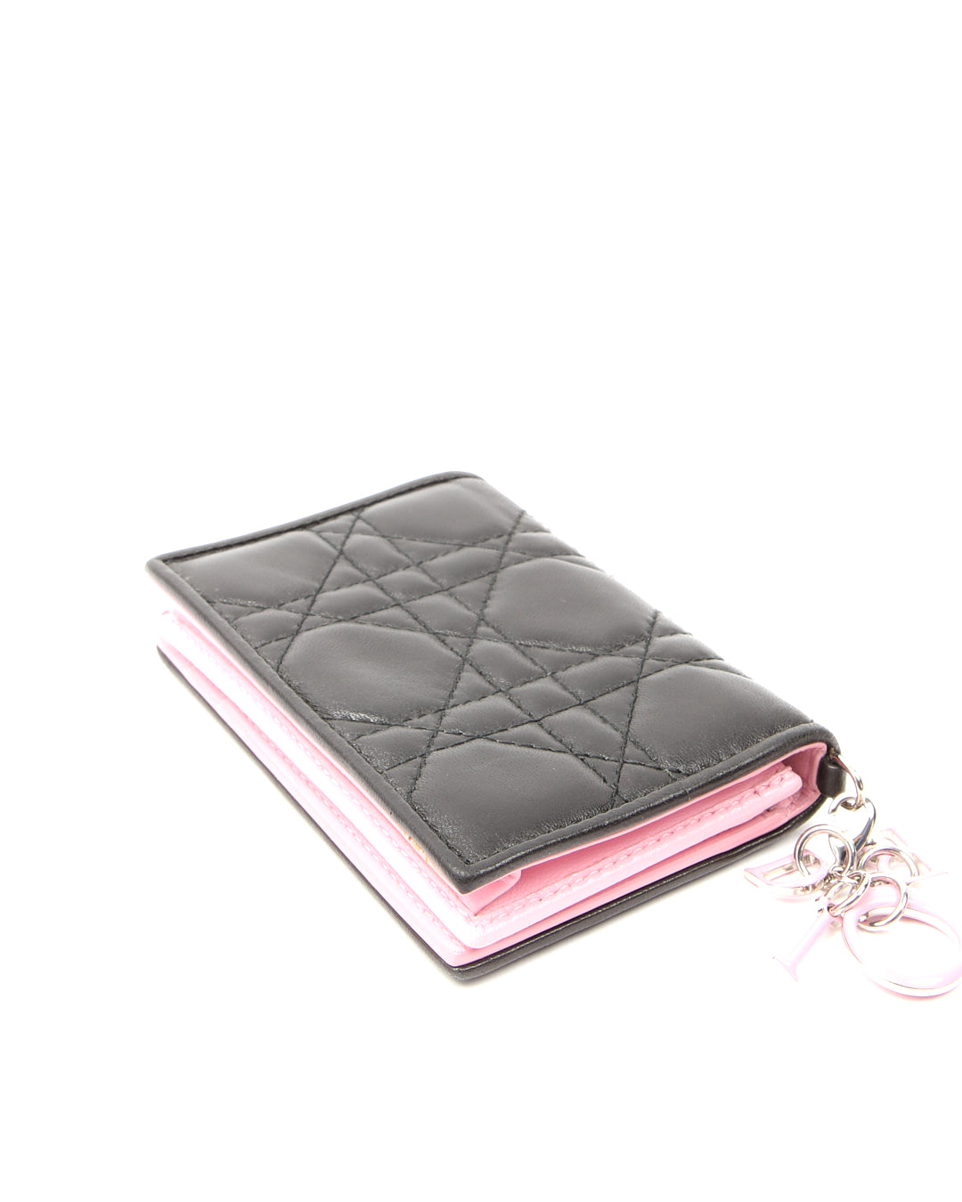 Mini portefeuille Cannage Lady Dior en cuir noir/rose Dior