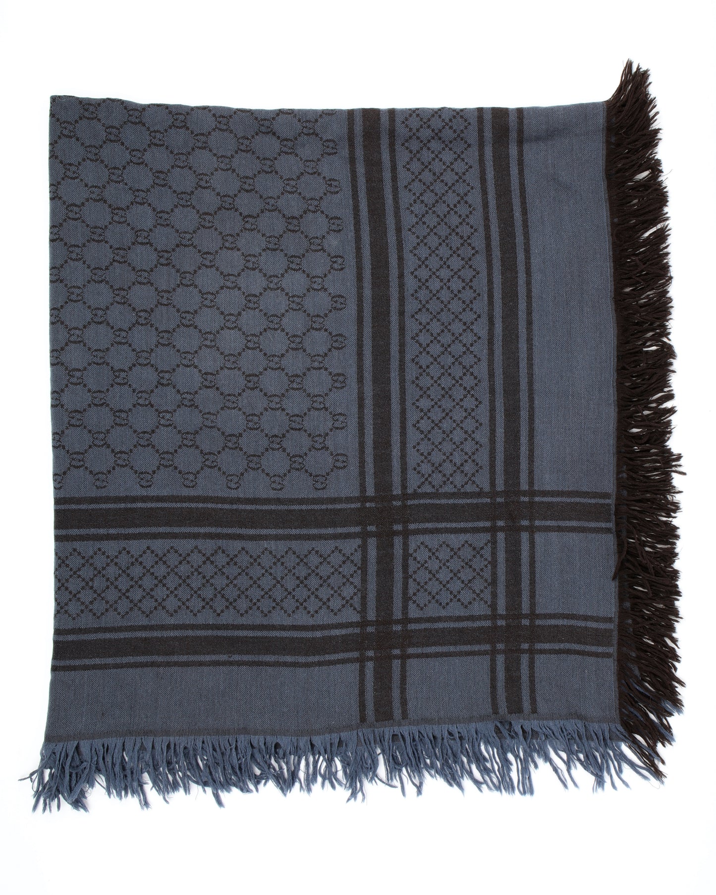 Gucci Brown/Blue GG Logo Fringe Wool/Silk Scarf