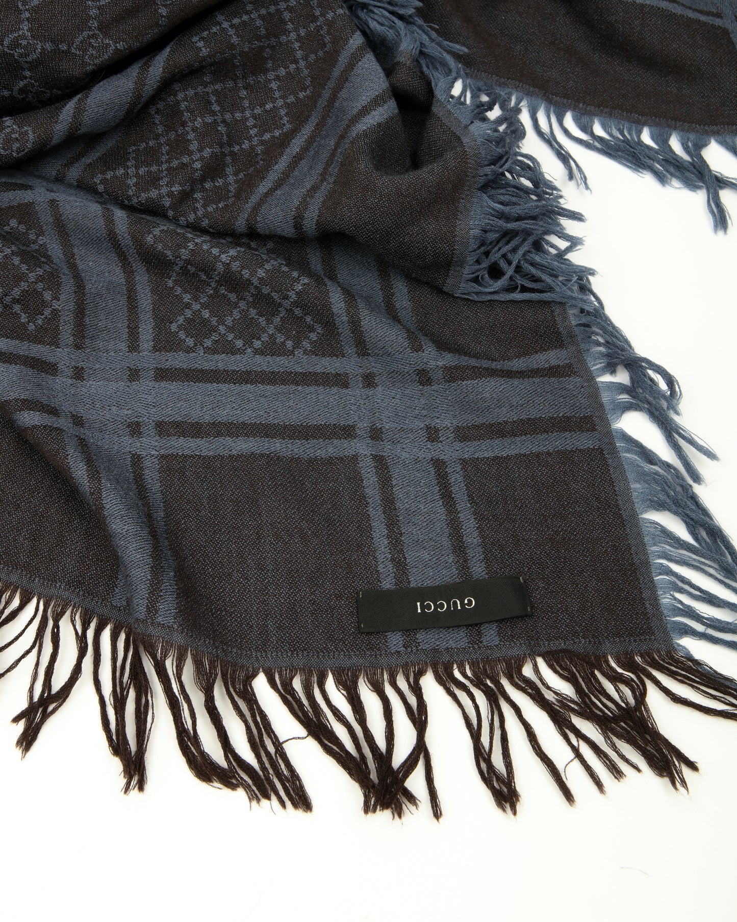 Écharpe en laine/soie à franges avec logo GG marron/bleu Gucci