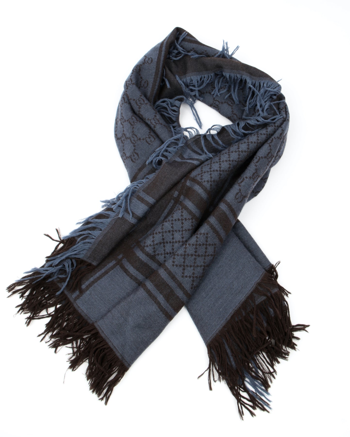 Écharpe en laine/soie à franges avec logo GG marron/bleu Gucci