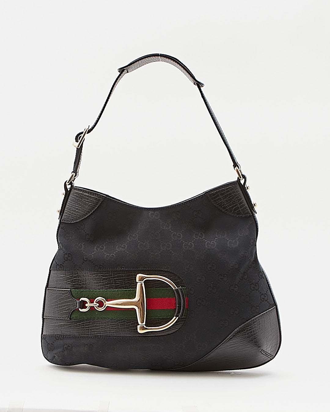 Gucci Black GG Supreme Canvas Horsebit Web Accent Shoulder Bag