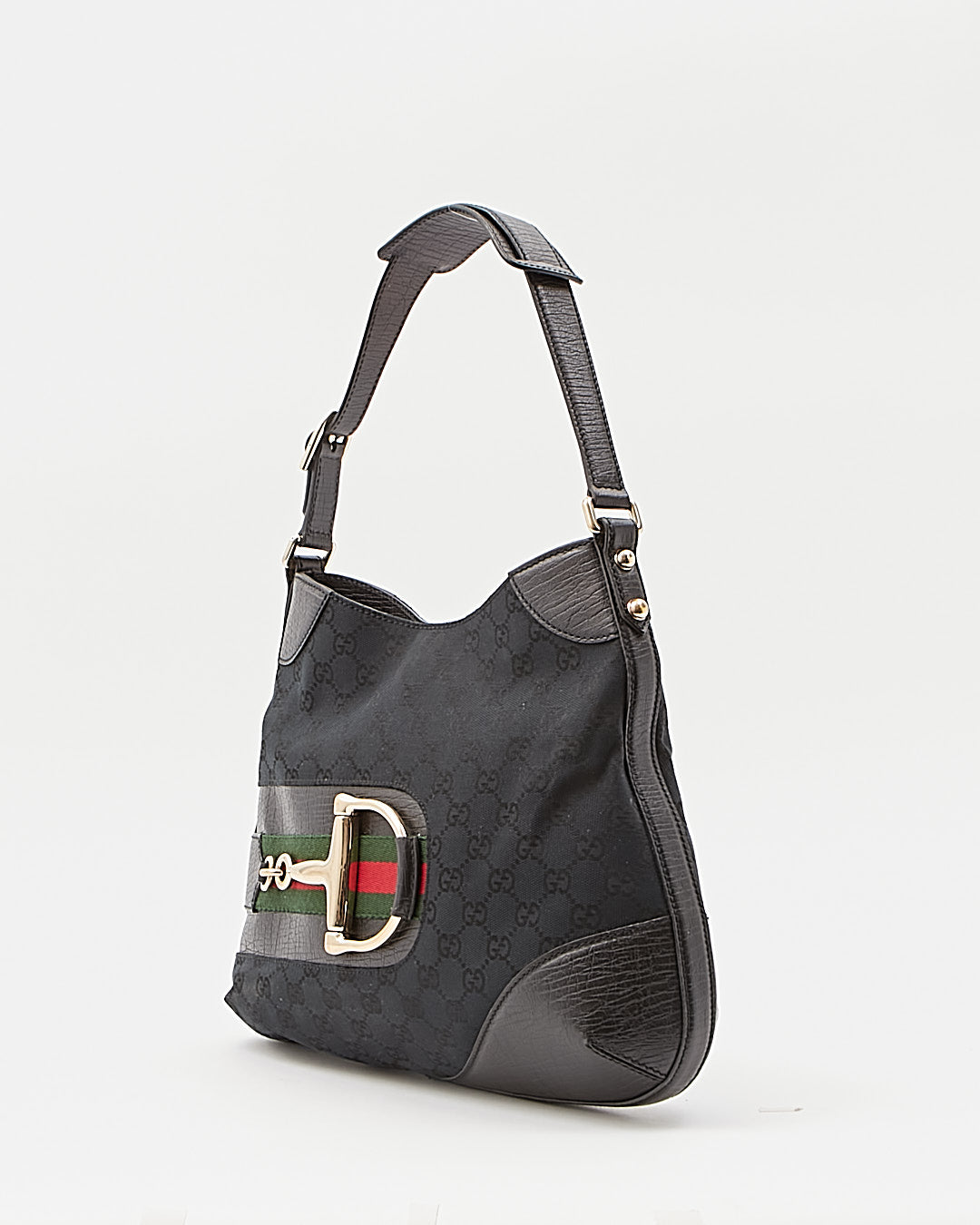 Gucci Black GG Supreme Canvas Horsebit Web Accent Shoulder Bag