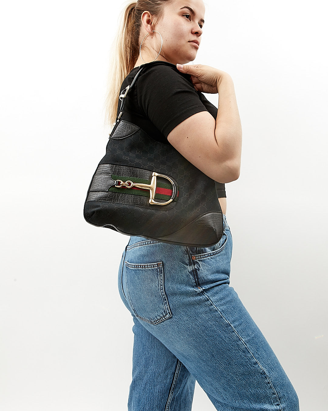 Gucci Black GG Supreme Canvas Horsebit Web Accent Shoulder Bag