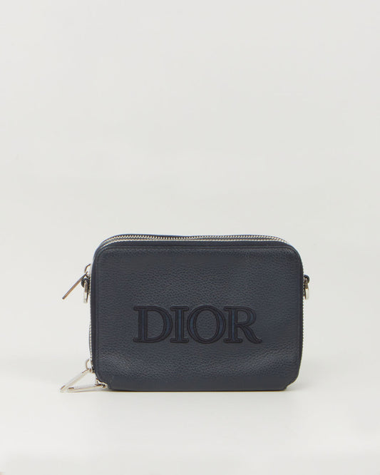 Dior Men Navy Leather Embroidered Signature SLG Wallet On Chain Bag