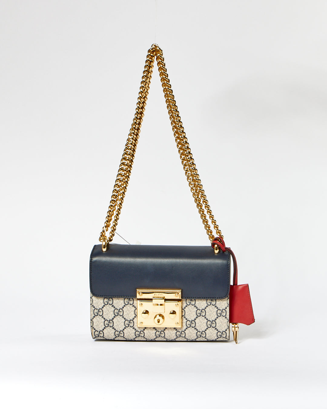 Petit sac cadenas en toile et cuir Gucci GG Supreme bleu marine/crème