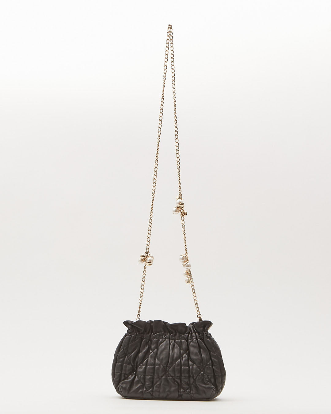 Dior Black Leather Cannage Pearl Detail Chain Small Bucket Crossbody Bag