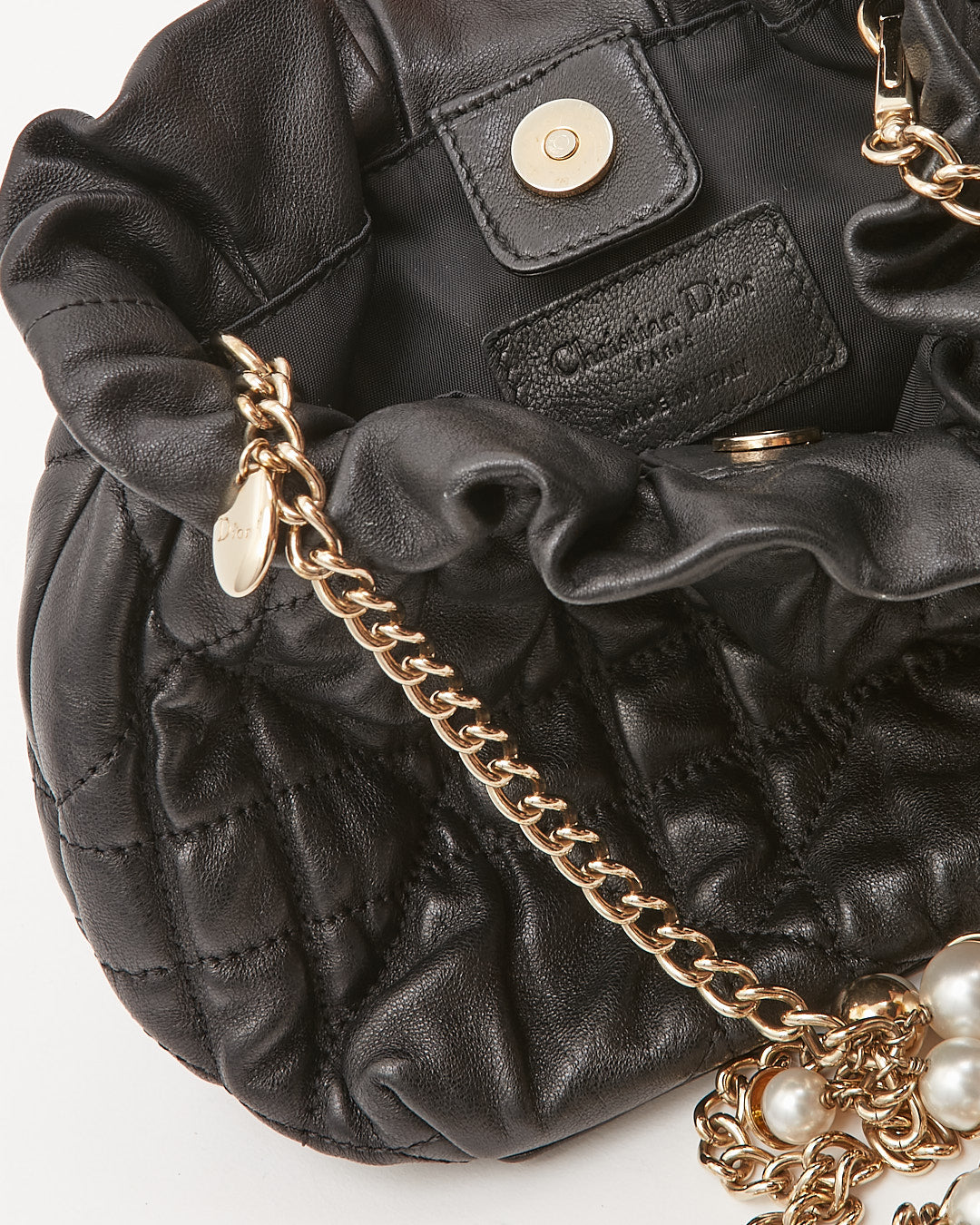 Dior Black Leather Cannage Pearl Detail Chain Small Bucket Crossbody Bag