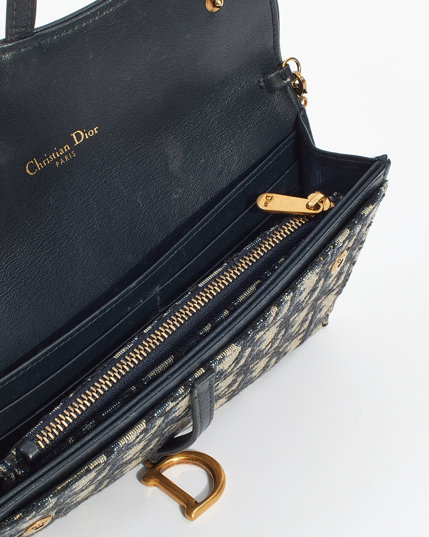 Portefeuille long en toile oblique Dior bleu avec chaîne
