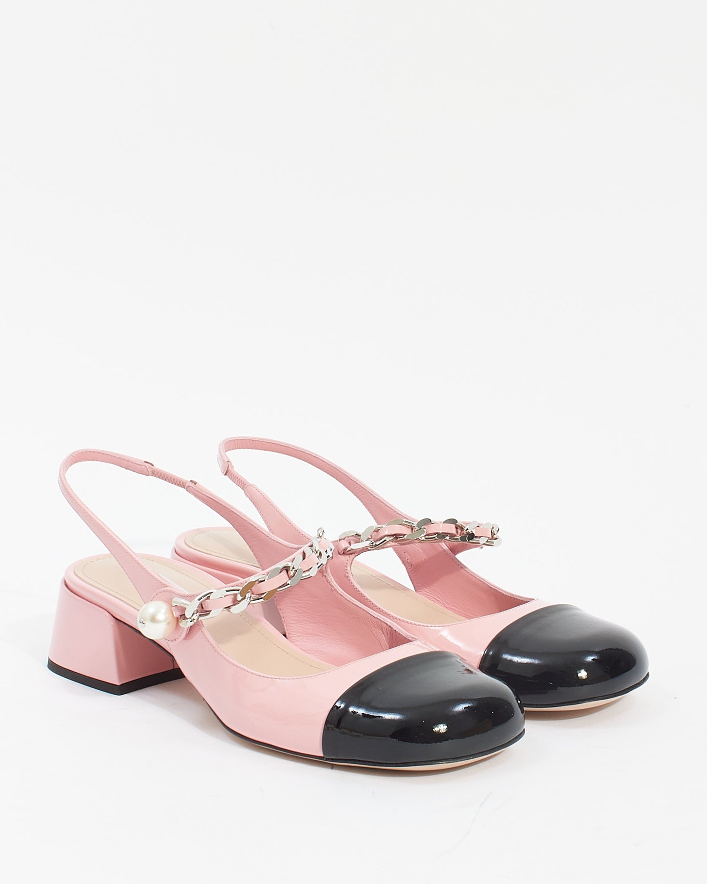 Miu Miu Pink Patent Leather Mary Jane Pumps With Pearl Strap -38