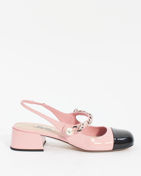 Miu Miu Pink Patent Leather Mary Jane Pumps With Pearl Strap -38