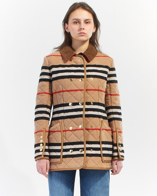 Burberry Beige Check Print Wool Button Coat - S