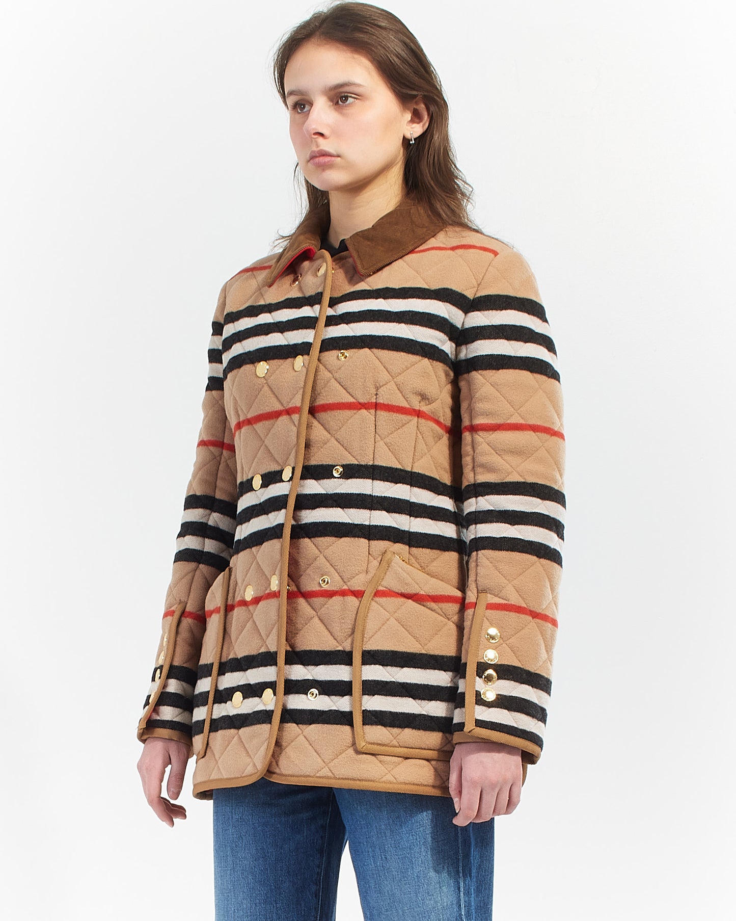 Burberry Beige Check Print Wool Button Coat - S