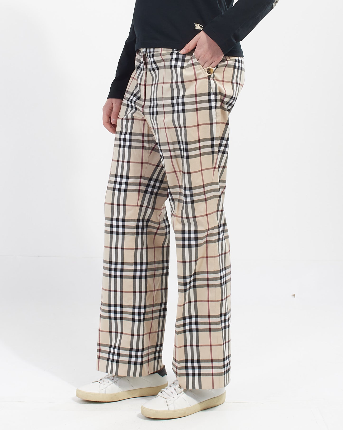 Burberry Beige Cotton Check Print Trouser Pants - US 10