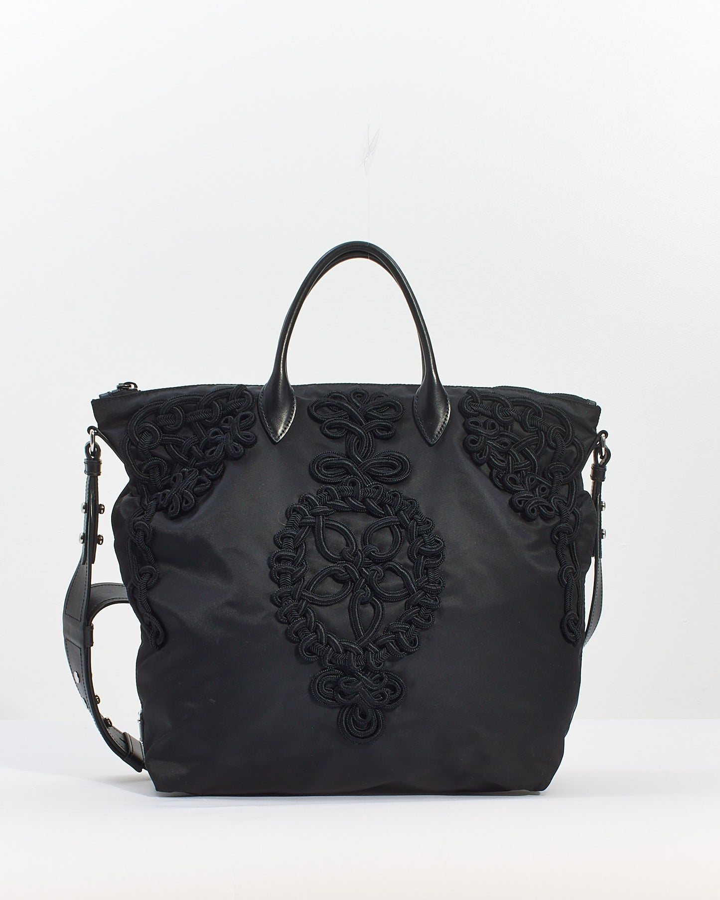 Prada Black Nylon Tessuto Embroidered Convertible Tote with Strap