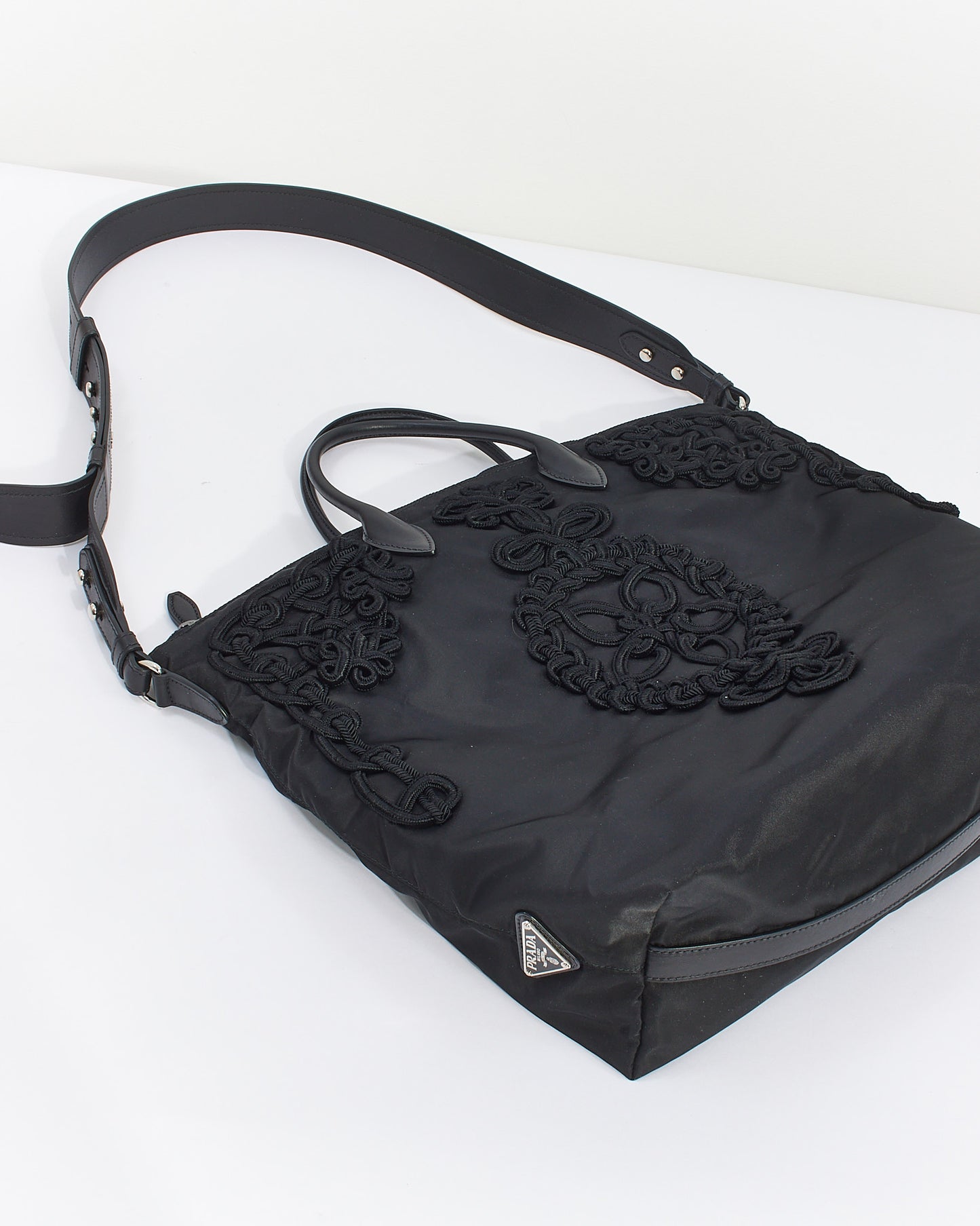 Prada Black Nylon Tessuto Embroidered Convertible Tote with Strap