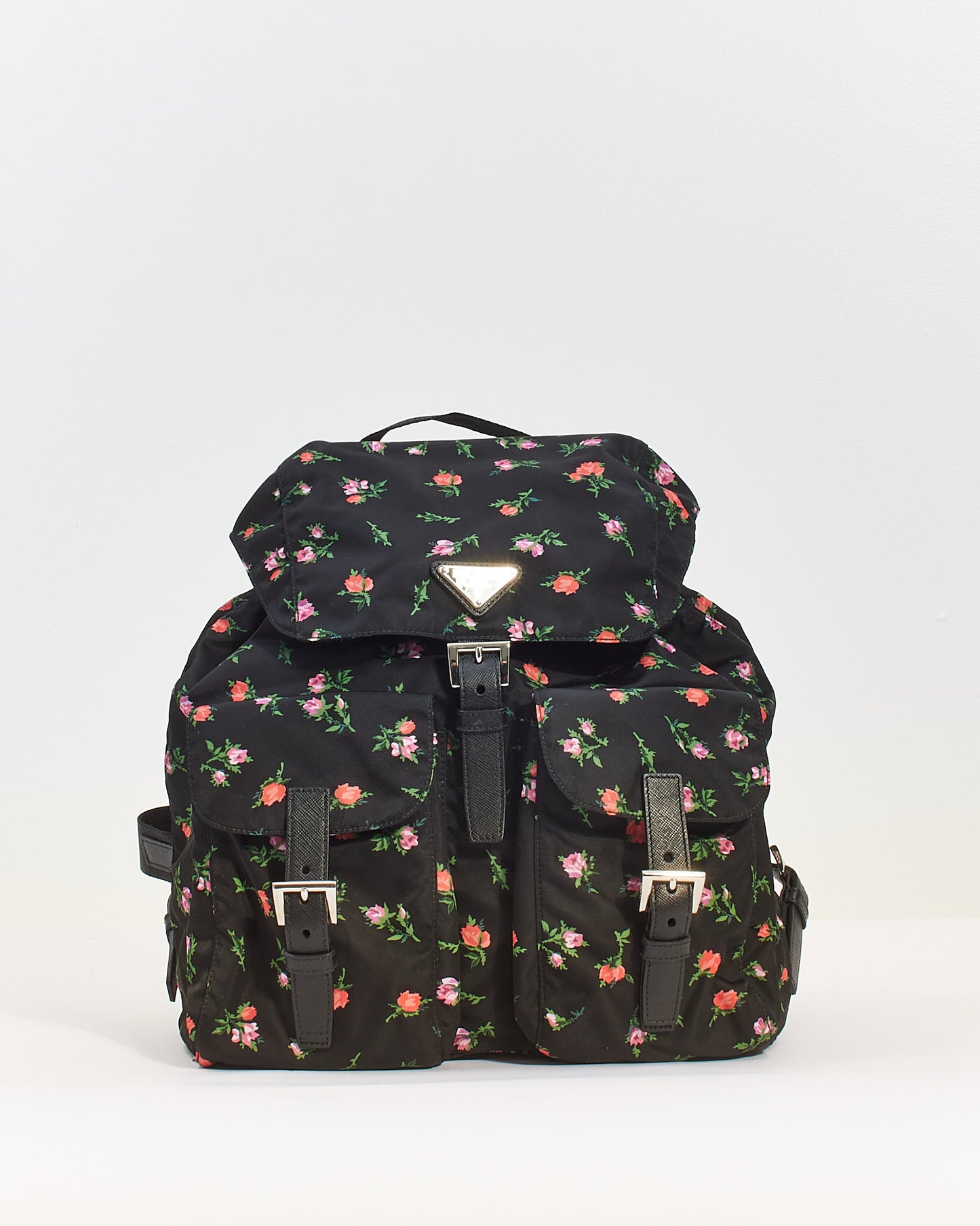 Prada Black Floral Nylon Tessuto Medium Backpack