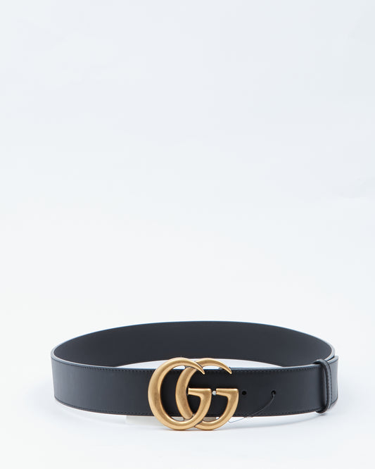 Gucci Black Leather Marmont Double GG Wide Belt - 95/38