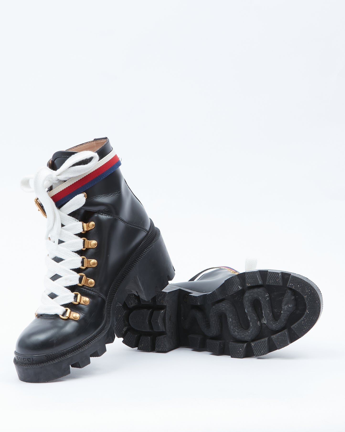 Gucci Black Leather Combat Web Boots - 37.5